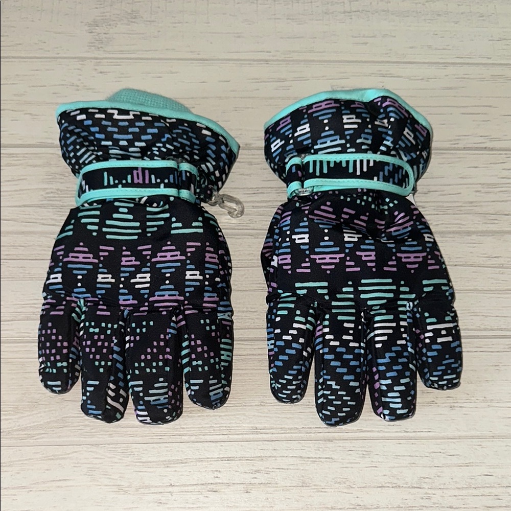 Blue, Purple, and Black Patterned Mittens with Touchscreen Tips and Secure Fit